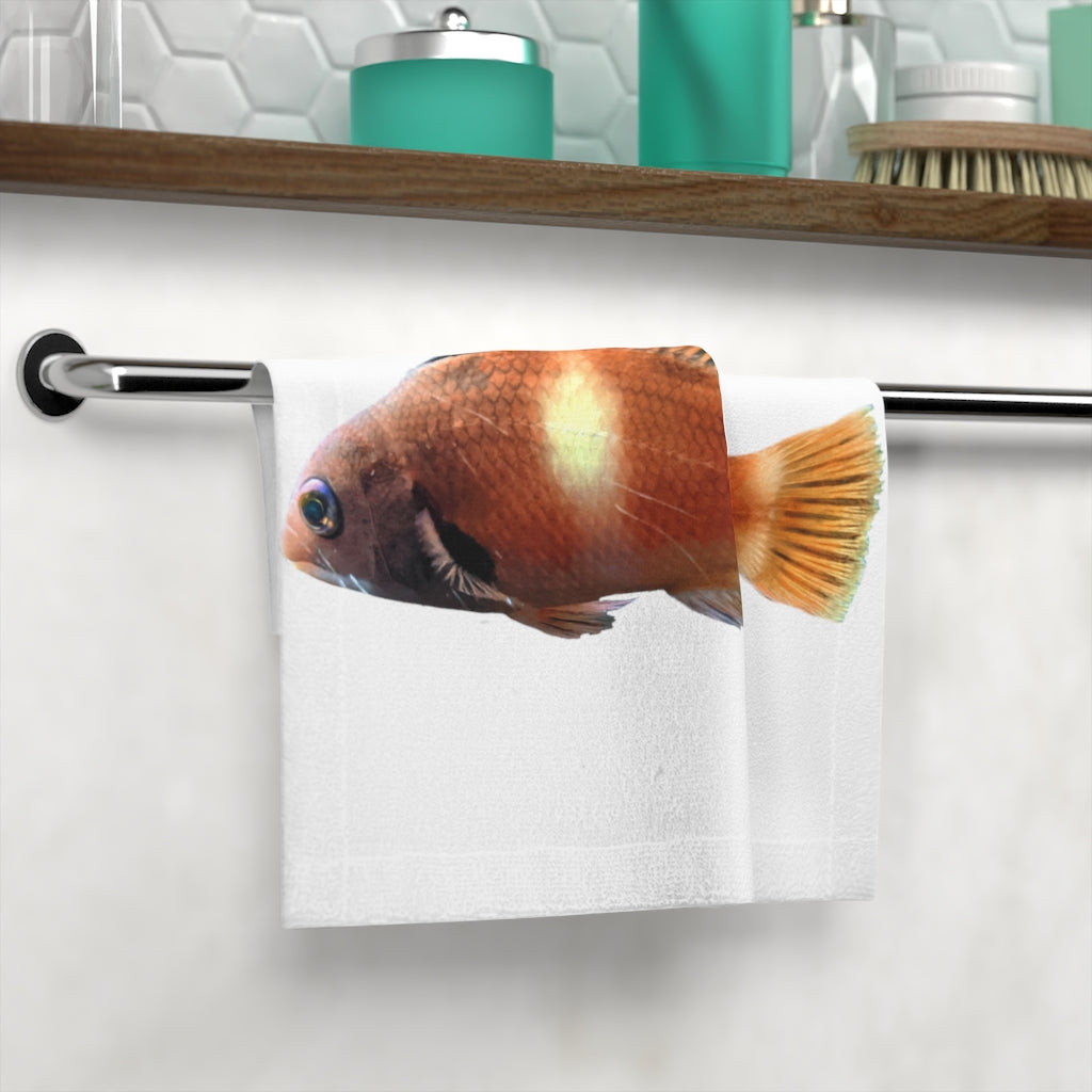 Orange Fish Face Towel featuring a vibrant fish design on a soft polyester front and absorbent cotton back, perfect for customization.