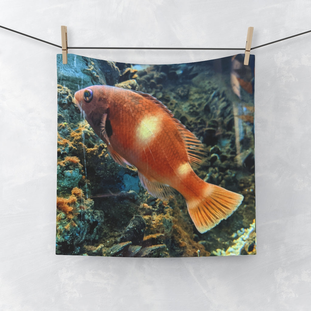 Orange Fish Face Towel featuring a vibrant fish design on a soft polyester front and absorbent cotton back.