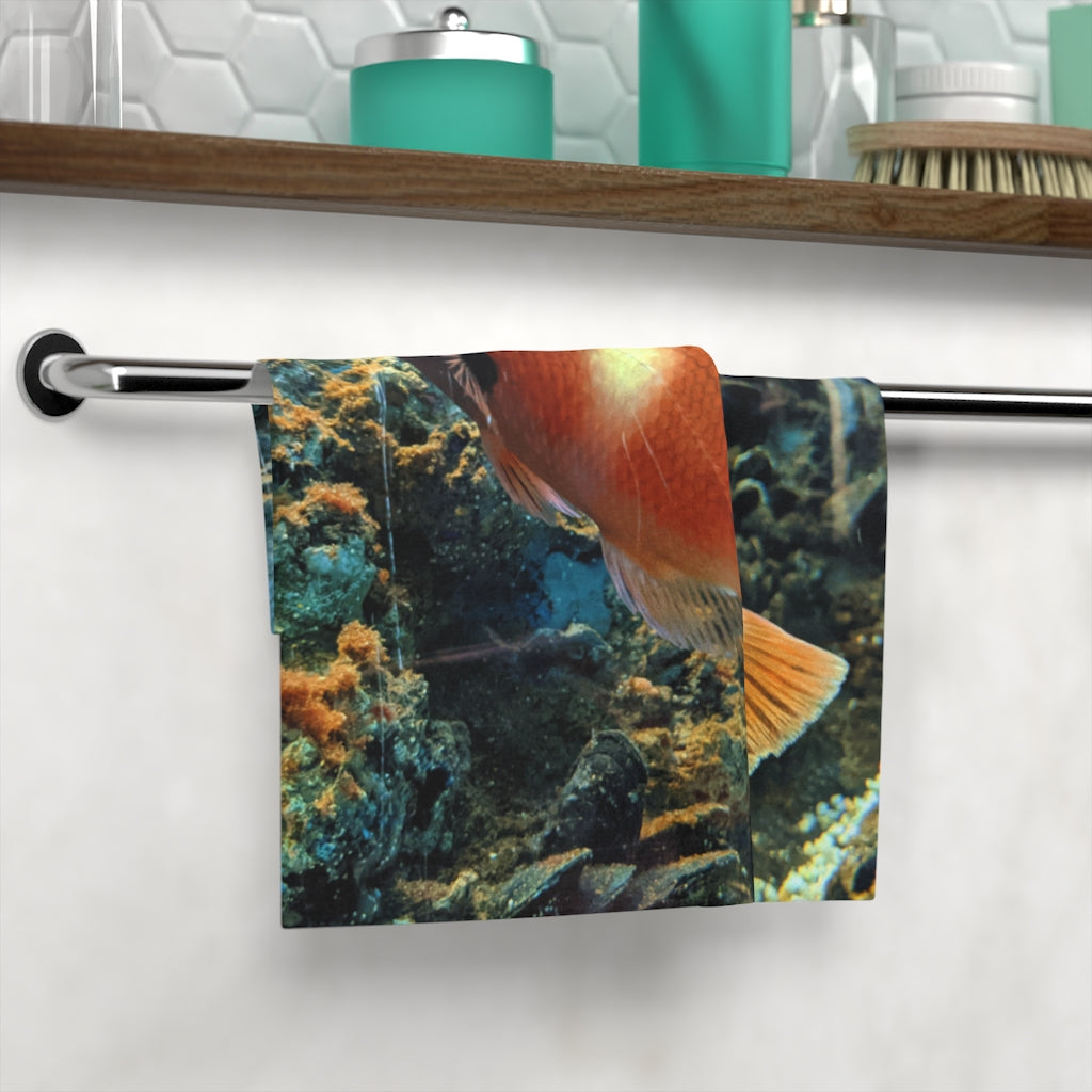 Orange Fish Face Towel featuring a vibrant fish design on a soft polyester front and absorbent cotton back.