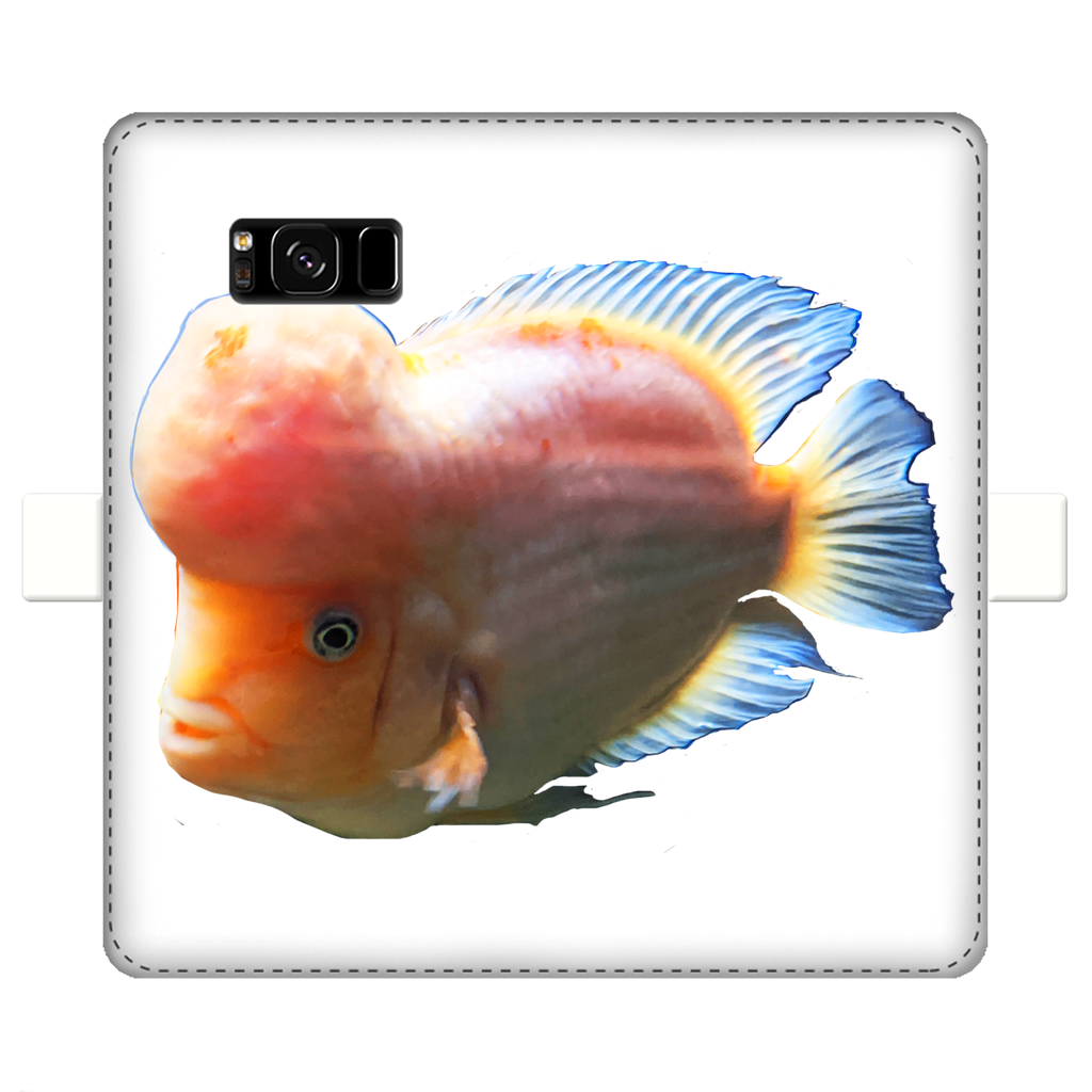 Orange Fish Fully Printed Wallet Case showcasing vibrant design and magnetic closure, suitable for iPhone and Samsung models.