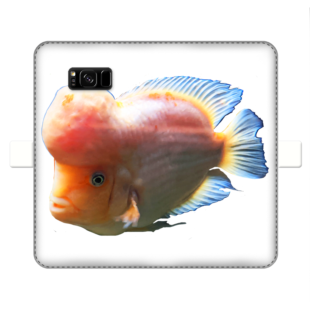 Orange Fish Fully Printed Wallet Case showcasing vibrant design and magnetic closure, suitable for iPhone and Samsung models.