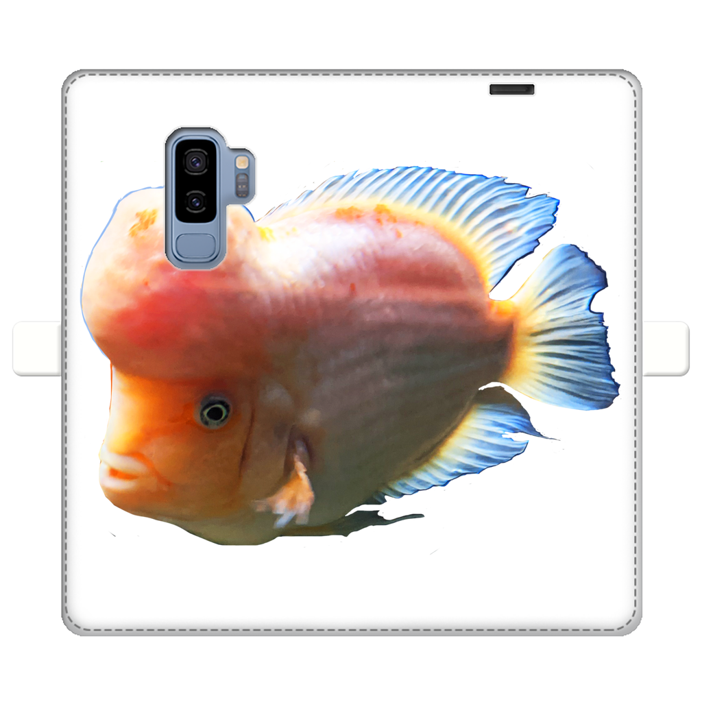 Orange Fish Fully Printed Wallet Case showcasing vibrant design and magnetic closure, suitable for iPhone and Samsung models.