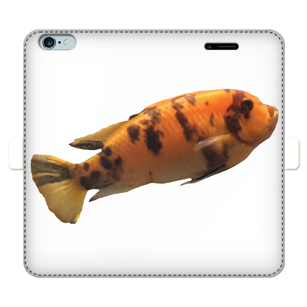 Orange Fish Fully Printed Wallet Case showcasing vibrant design and magnetic closure, suitable for iPhone and Samsung models.