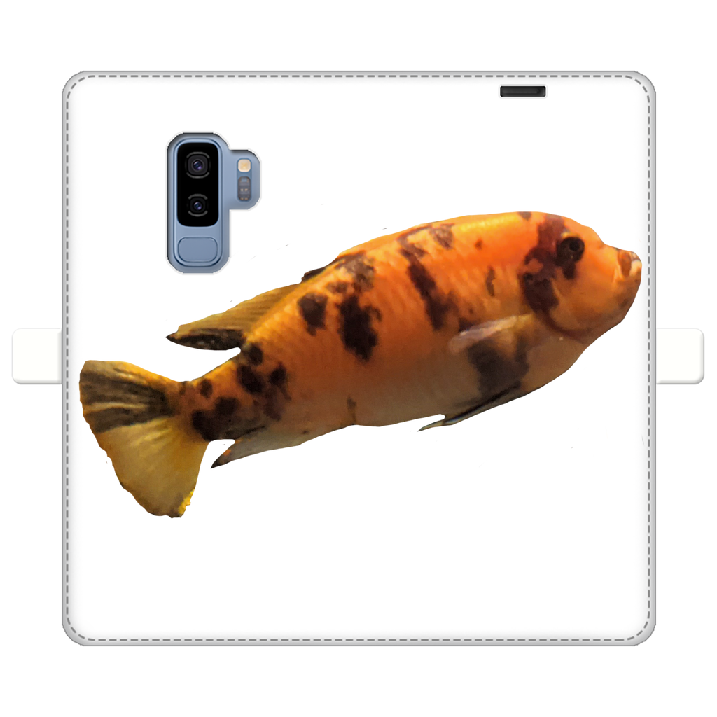 Orange Fish Fully Printed Wallet Case showcasing vibrant design and magnetic closure, suitable for iPhone and Samsung models.