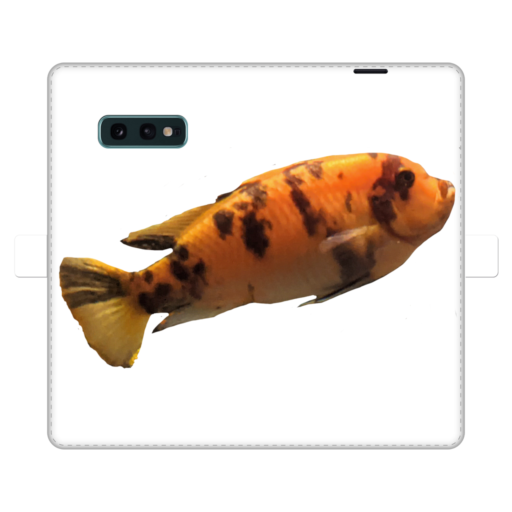 Orange Fish Fully Printed Wallet Case showcasing vibrant design and magnetic closure, suitable for iPhone and Samsung models.