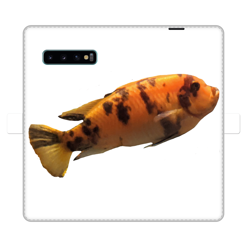 Orange Fish Fully Printed Wallet Case showcasing vibrant design and magnetic closure, suitable for iPhone and Samsung models.