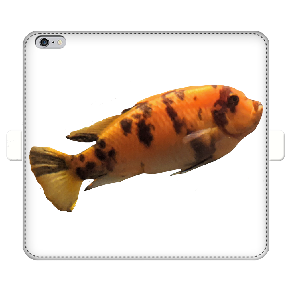 Orange Fish Fully Printed Wallet Case showcasing vibrant design and magnetic closure, suitable for iPhone and Samsung models.