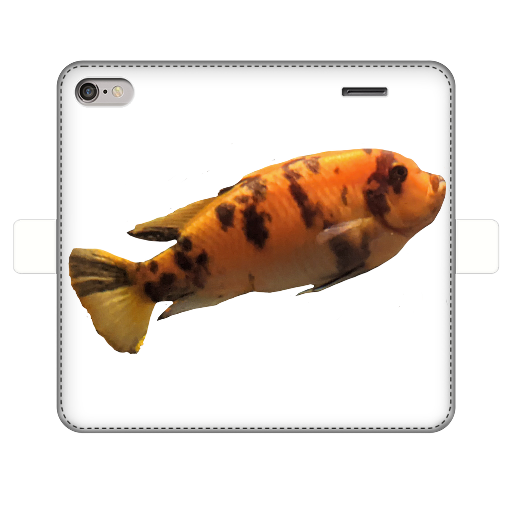 Orange Fish Fully Printed Wallet Case showcasing vibrant design and magnetic closure, suitable for iPhone and Samsung models.