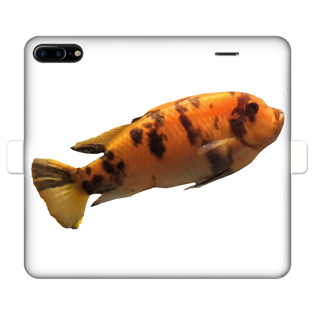 Orange Fish Fully Printed Wallet Case showcasing vibrant design and magnetic closure, suitable for iPhone and Samsung models.