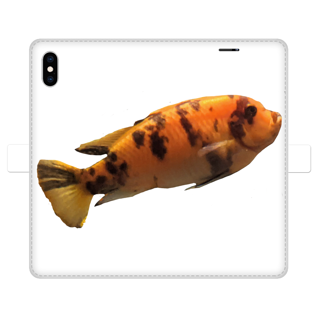 Orange Fish Fully Printed Wallet Case showcasing vibrant design and magnetic closure, suitable for iPhone and Samsung models.