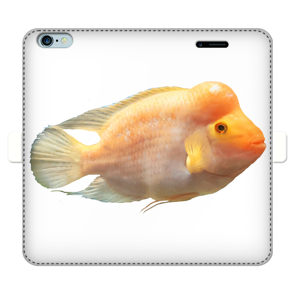 Orange Fish Fully Printed Wallet Case showcasing vibrant design and magnetic closure, suitable for iPhone and Samsung models.