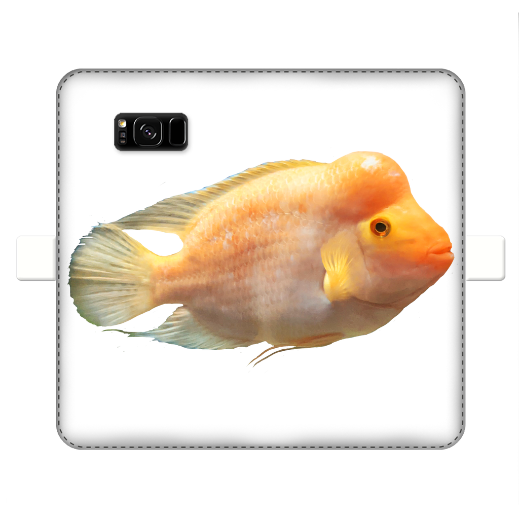 Orange Fish Fully Printed Wallet Case showcasing vibrant design and magnetic closure, suitable for iPhone and Samsung models.