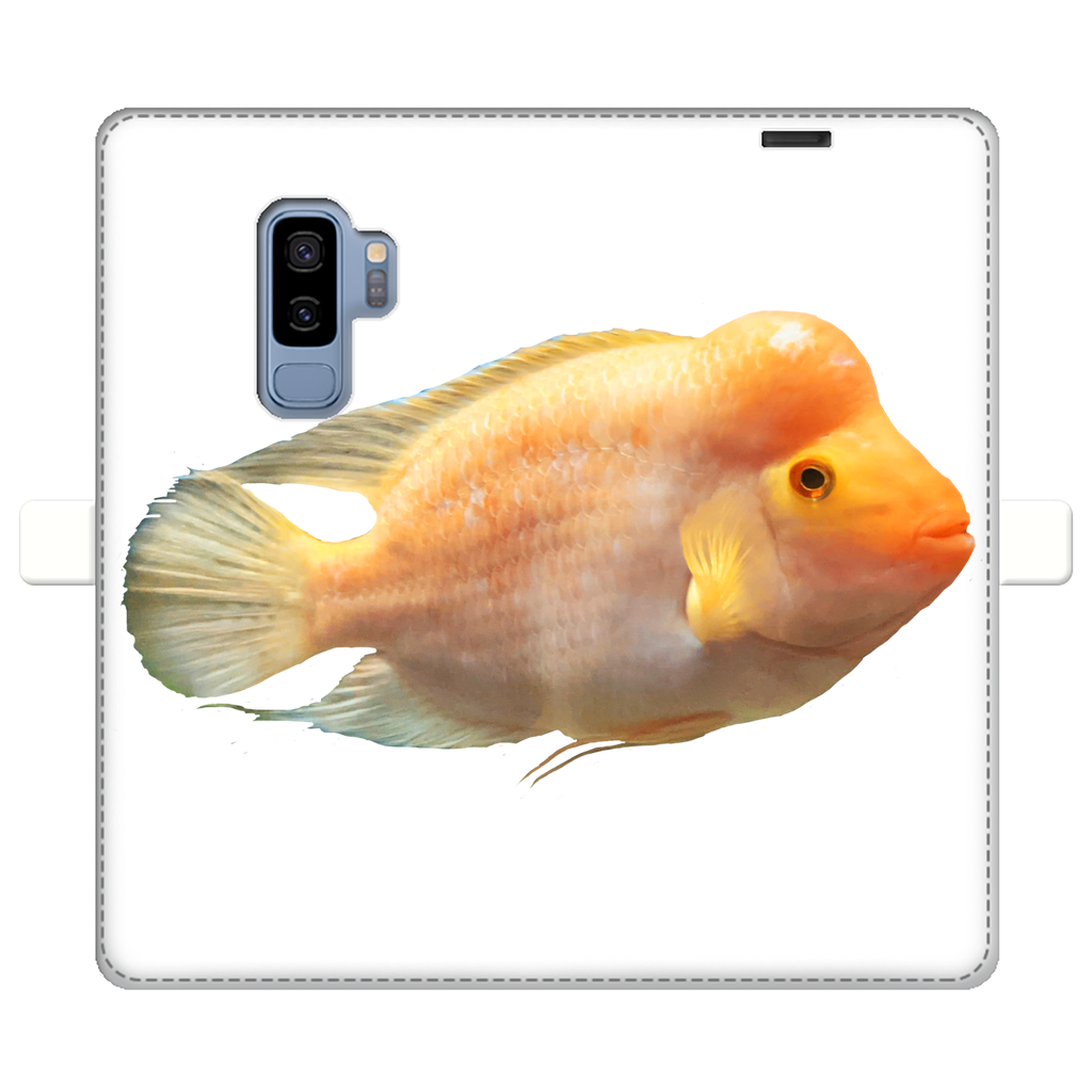 Orange Fish Fully Printed Wallet Case showcasing vibrant design and magnetic closure, suitable for iPhone and Samsung models.