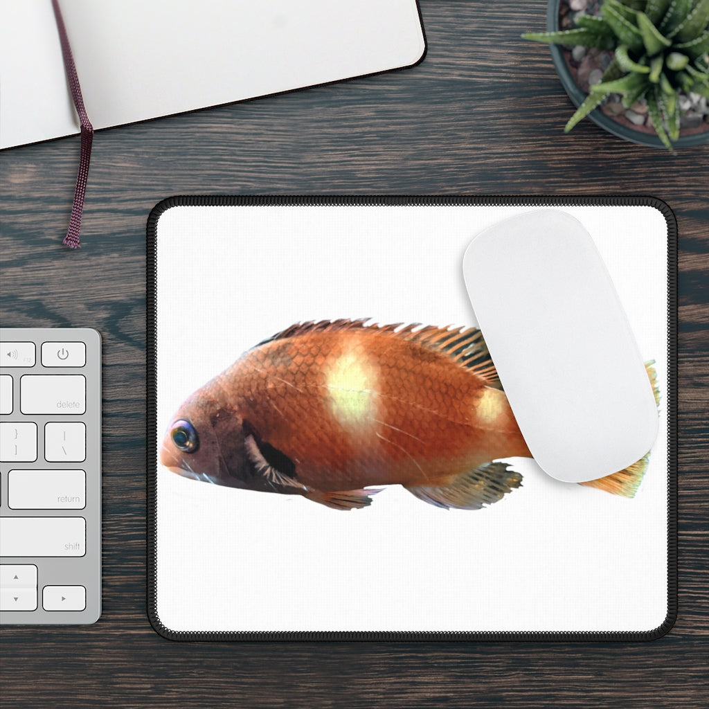 Orange Fish Gaming Mouse Pad featuring vibrant colors and stitched edges, ideal for gaming and work.