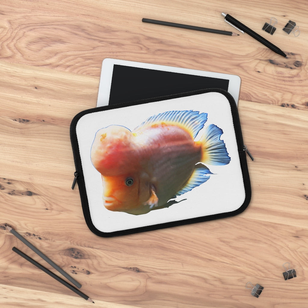 Orange Fish Laptop Sleeve featuring a vibrant fish design on the front and a solid black back, ideal for protecting laptops.