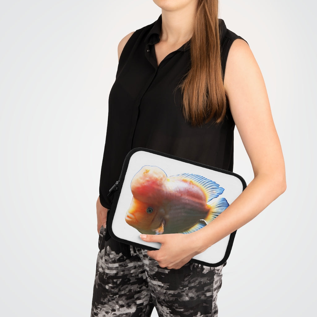 Orange Fish Laptop Sleeve featuring a vibrant fish design on the front and a solid black back, ideal for protecting laptops.