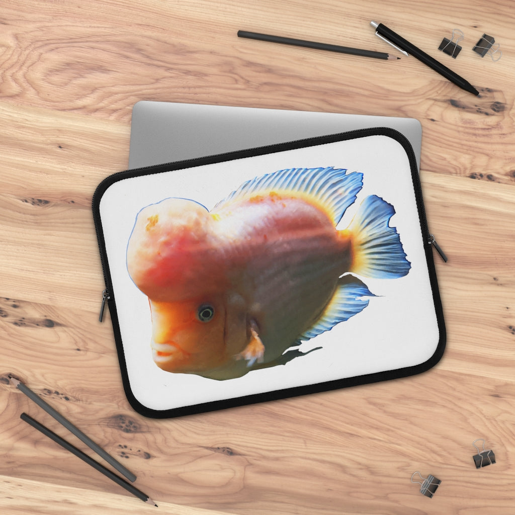 Orange Fish Laptop Sleeve featuring a vibrant fish design on the front and a solid black back, ideal for protecting laptops.