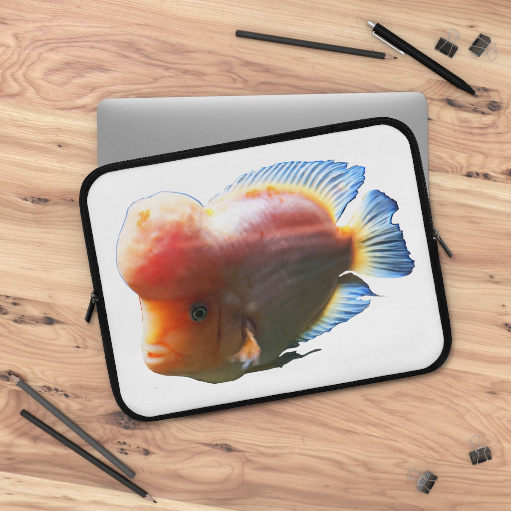 Orange Fish Laptop Sleeve featuring a vibrant fish design on the front and a solid black back, ideal for protecting laptops.