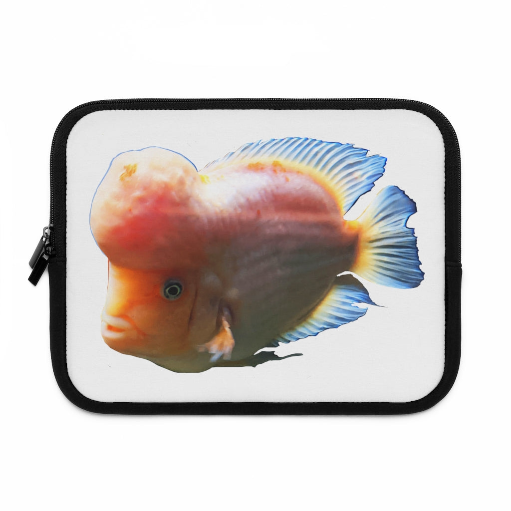 Orange Fish Laptop Sleeve featuring a vibrant fish design on the front and a solid black back, ideal for protecting laptops.