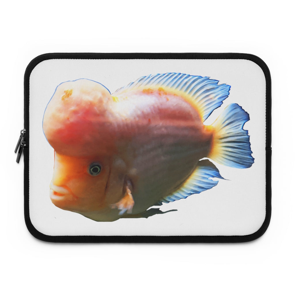 Orange Fish Laptop Sleeve featuring a vibrant fish design on the front and a solid black back, ideal for protecting laptops.