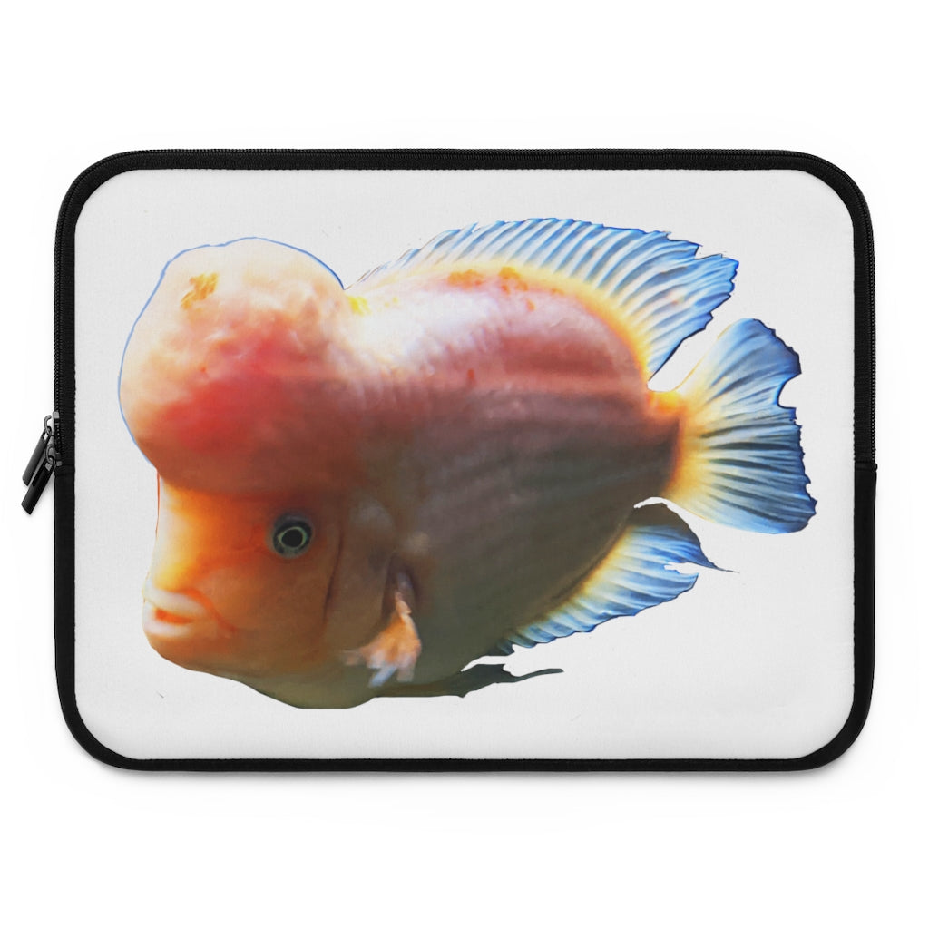 Orange Fish Laptop Sleeve featuring a vibrant fish design on the front and a solid black back, ideal for protecting laptops.