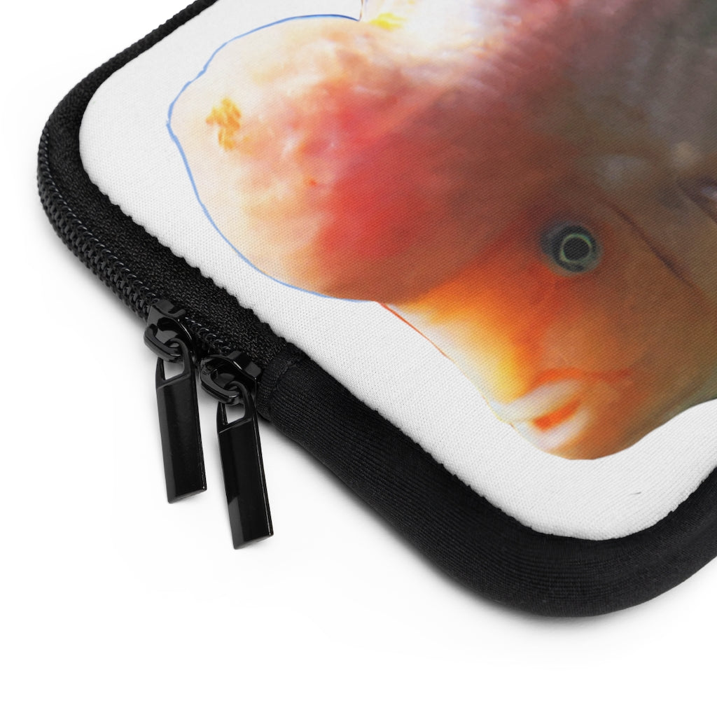 Orange Fish Laptop Sleeve featuring a vibrant fish design on the front and a solid black back, ideal for protecting laptops.