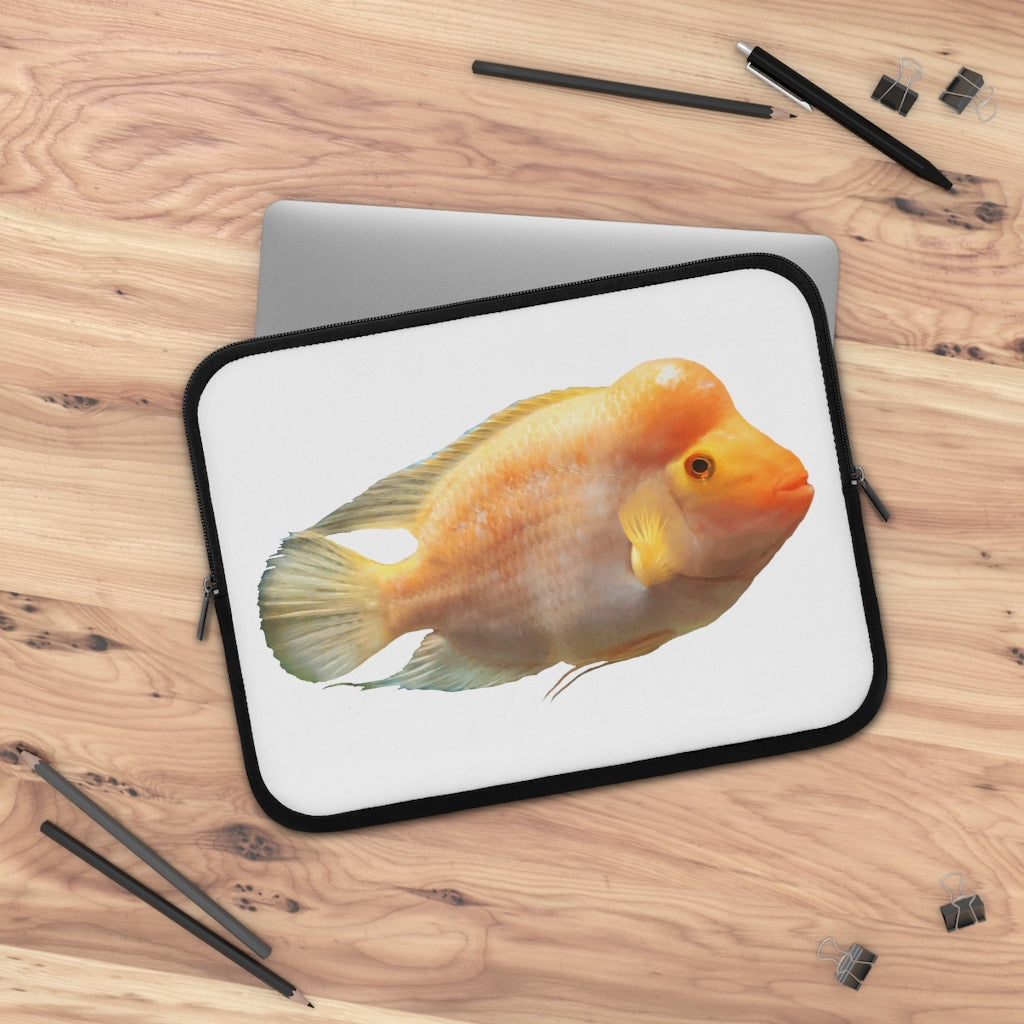 Orange Fish Laptop Sleeve featuring a vibrant fish design on the front and a black polyester back, ideal for protecting laptops.