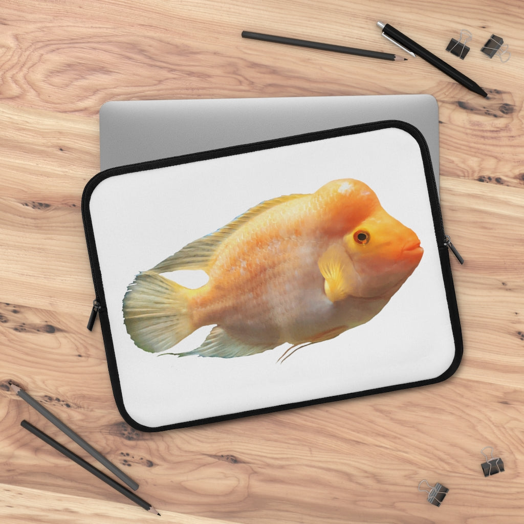 Orange Fish Laptop Sleeve featuring a vibrant fish design on the front and a black polyester back, ideal for protecting laptops.