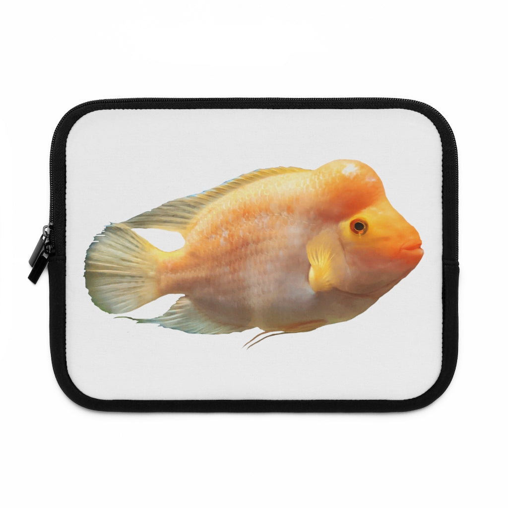 Orange Fish Laptop Sleeve featuring a vibrant fish design on the front and a black polyester back, ideal for protecting laptops.