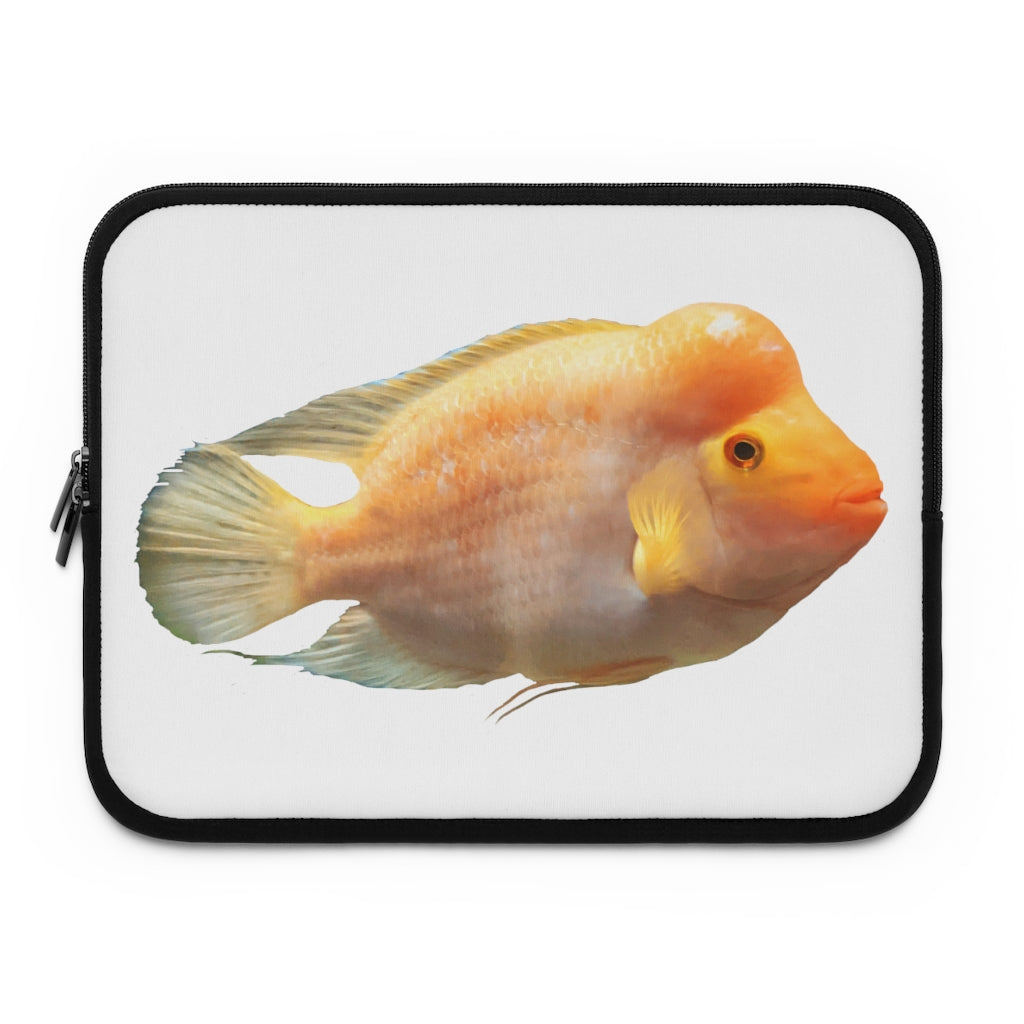 Orange Fish Laptop Sleeve featuring a vibrant fish design on the front and a black polyester back, ideal for protecting laptops.