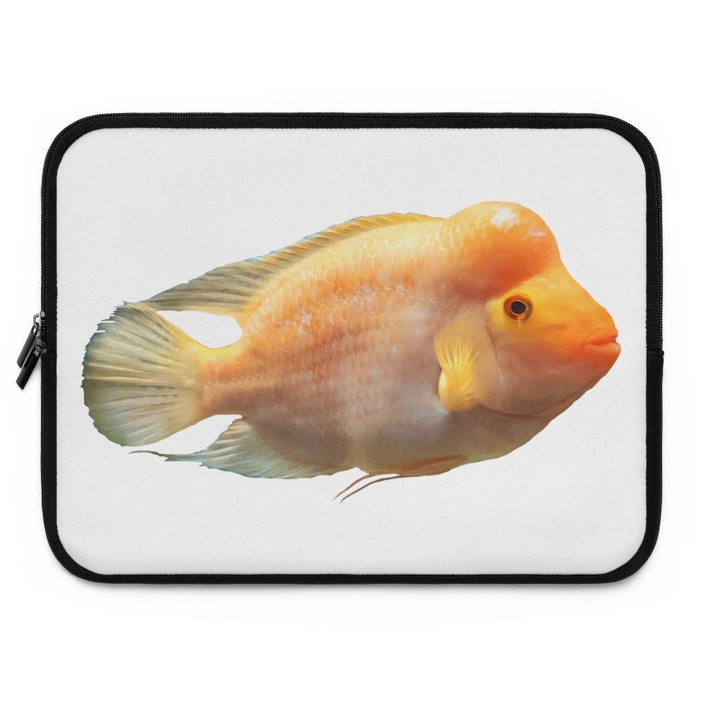 Orange Fish Laptop Sleeve featuring a vibrant fish design on the front and a black polyester back, ideal for protecting laptops.