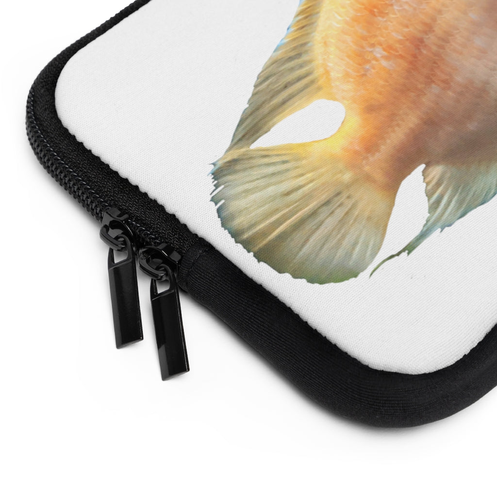 Orange Fish Laptop Sleeve featuring a vibrant fish design on the front and a black polyester back, ideal for protecting laptops.