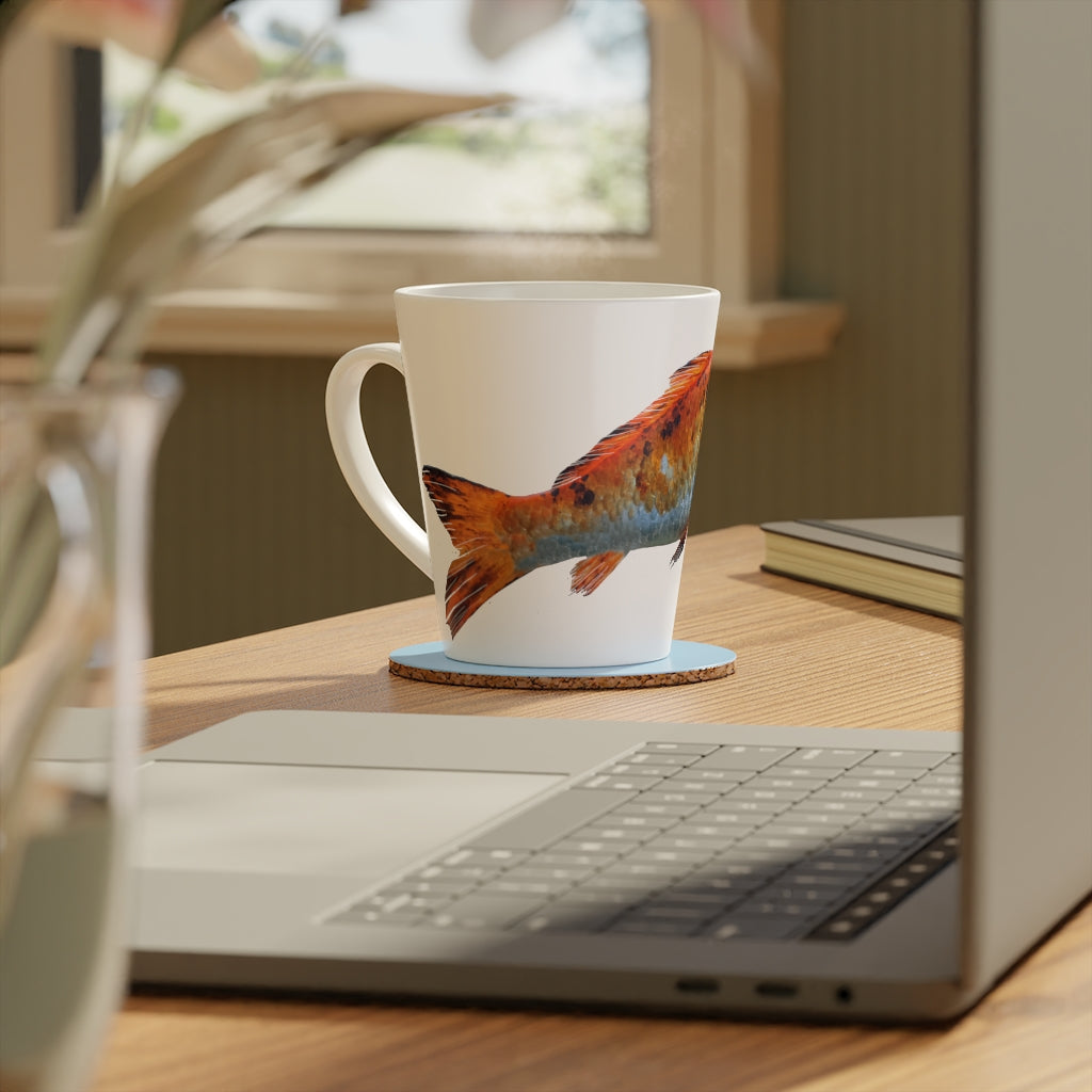 Orange Fish Latte Mug, 12oz, featuring a vibrant fish design and a durable white ceramic body with an easy-grip handle.