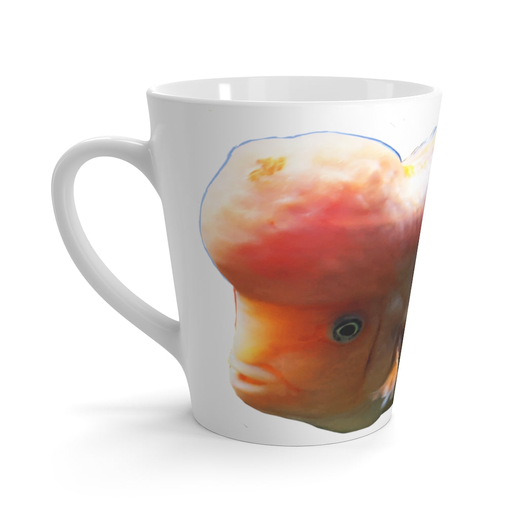 A vibrant orange ceramic latte mug featuring a fish design, perfect for coffee lovers.