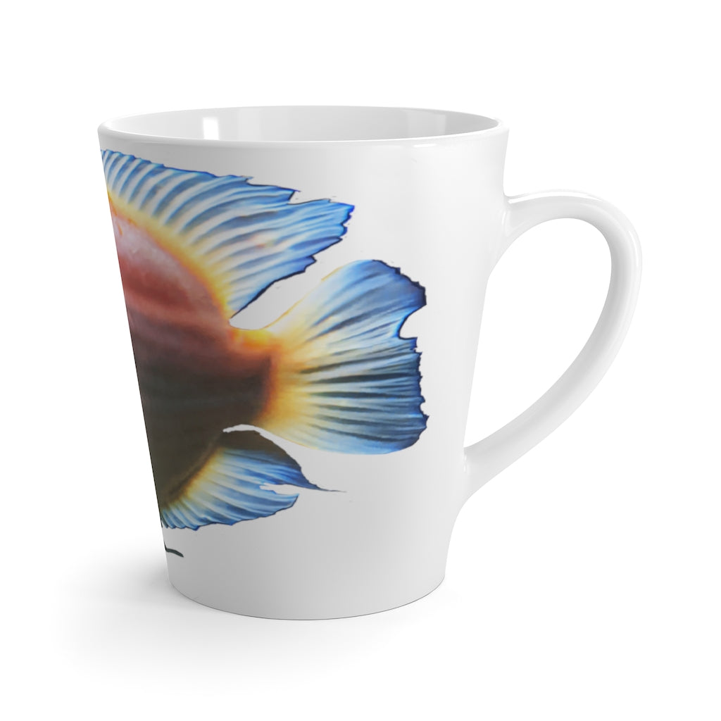 A vibrant orange ceramic latte mug featuring a fish design, perfect for coffee lovers.