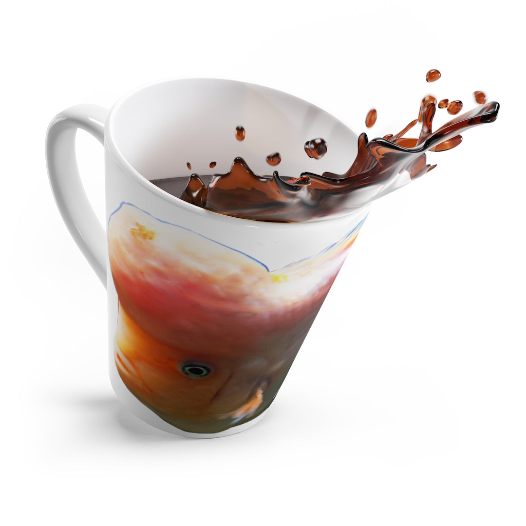 A vibrant orange ceramic latte mug featuring a fish design, perfect for coffee lovers.