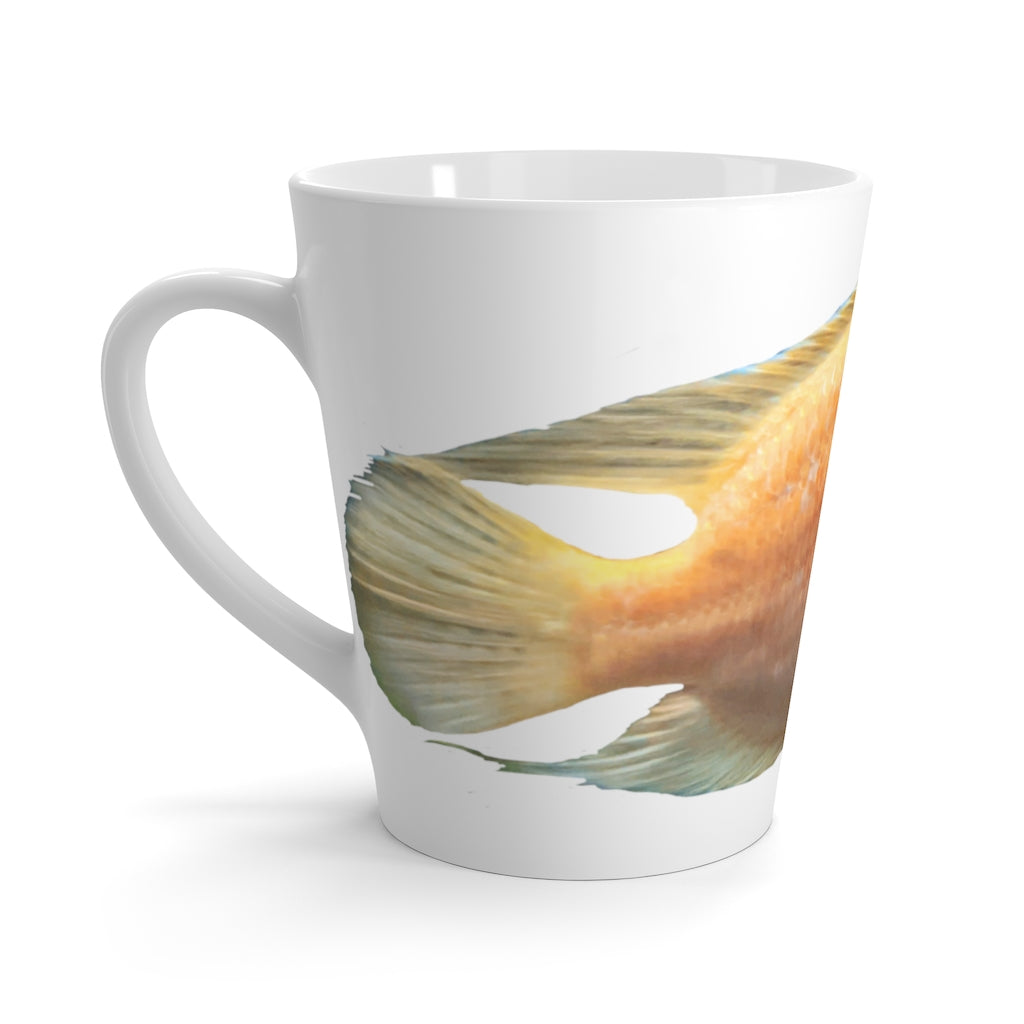 A vibrant orange fish latte mug made of durable white ceramic, featuring a comfortable C-handle and rounded corners.