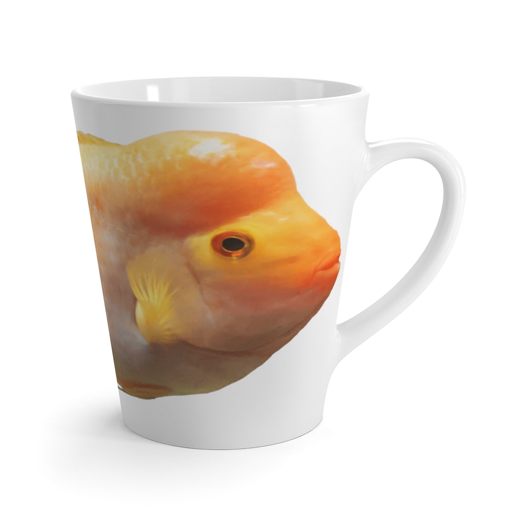 A vibrant orange fish latte mug made of durable white ceramic, featuring a comfortable C-handle and rounded corners.