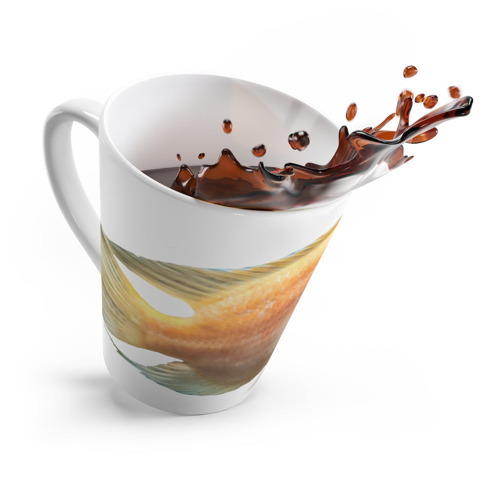 A vibrant orange fish latte mug made of durable white ceramic, featuring a comfortable C-handle and rounded corners.