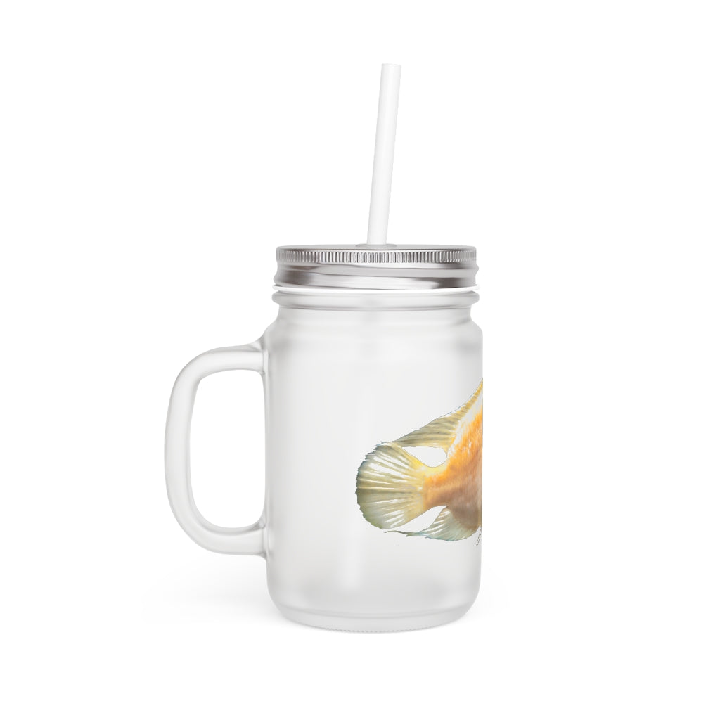 Orange Fish Mason Jar with straw and lid, made of frosted glass, perfect for personalized drinks.