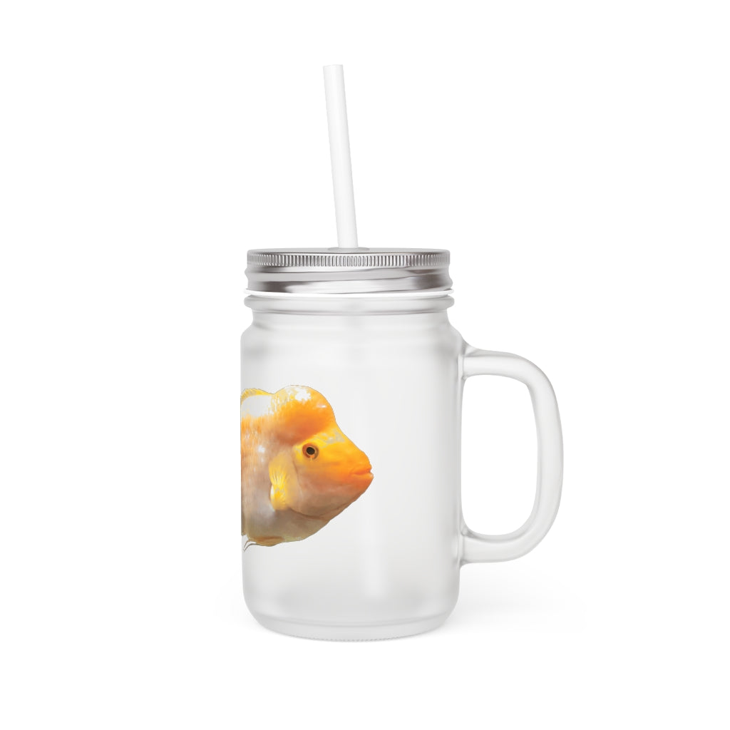 Orange Fish Mason Jar with straw and lid, made of frosted glass, perfect for personalized drinks.