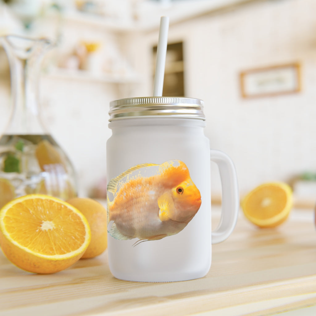 Orange Fish Mason Jar with straw and lid, made of frosted glass, perfect for personalized drinks.