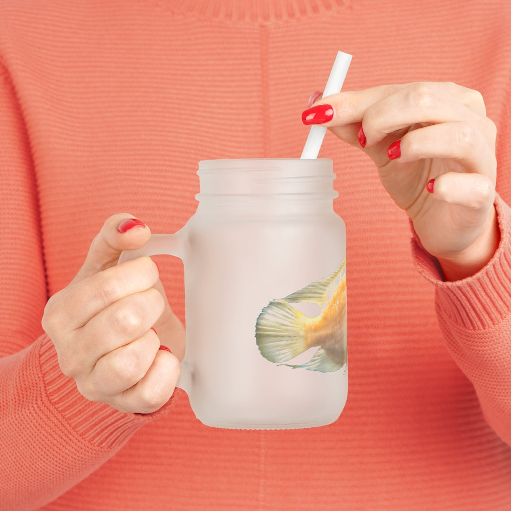 Orange Fish Mason Jar with straw and lid, made of frosted glass, perfect for personalized drinks.