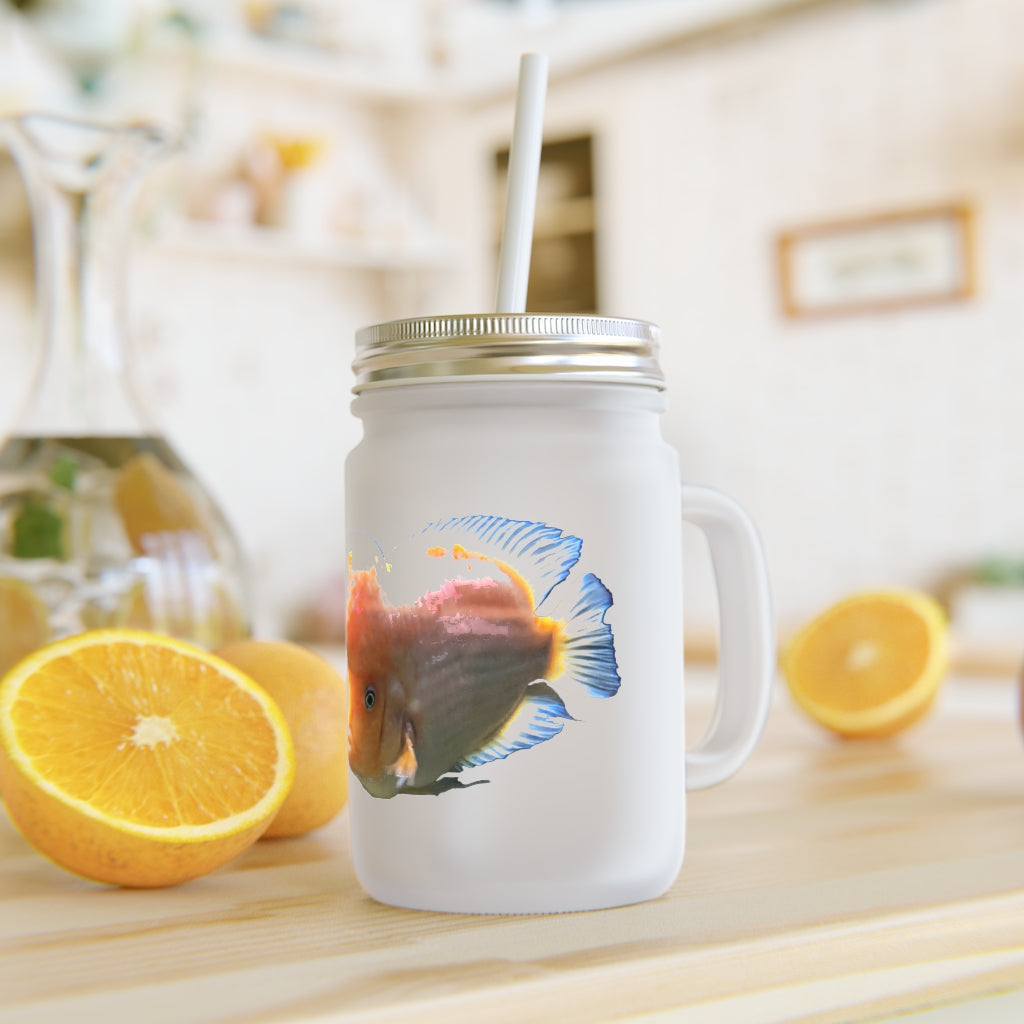 Orange Fish Mason Jar with straw and lid, showcasing frosted glass design.