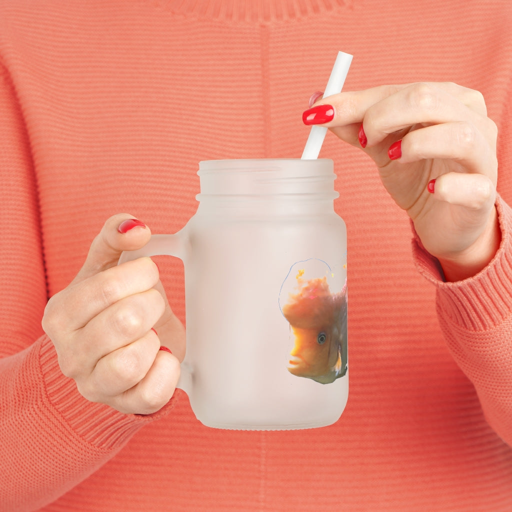 Orange Fish Mason Jar with straw and lid, showcasing frosted glass design.