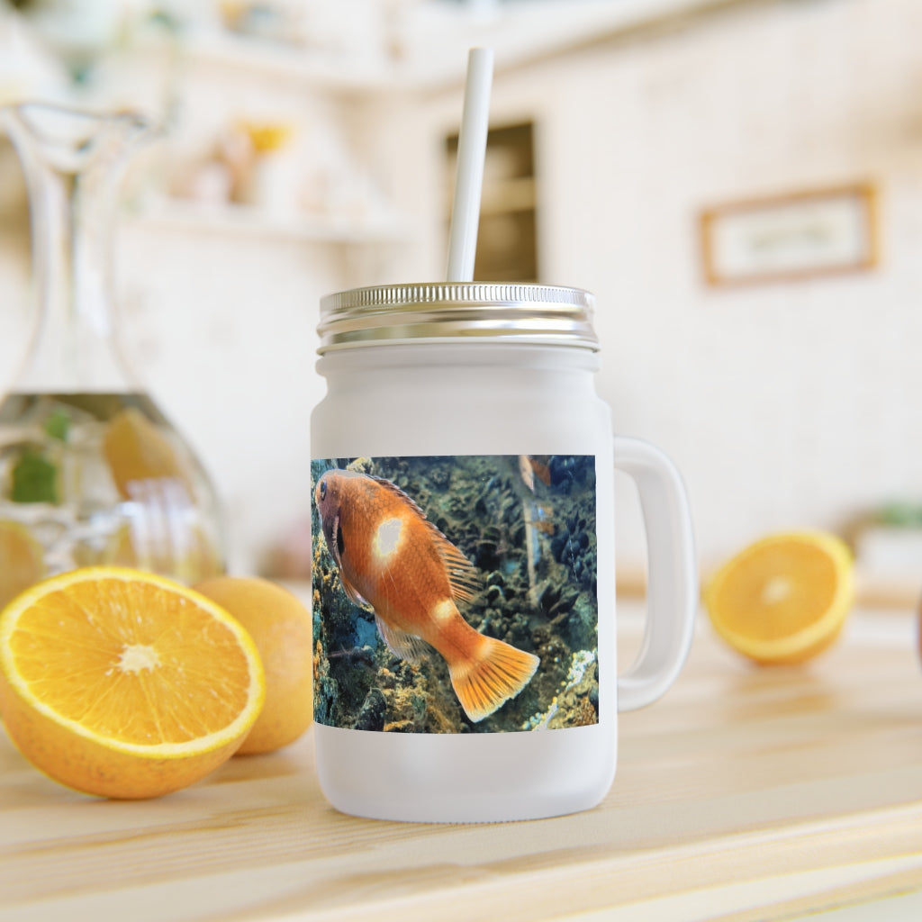 Orange Fish Mason Jar with straw and lid, made of frosted glass, perfect for personalized drinks.