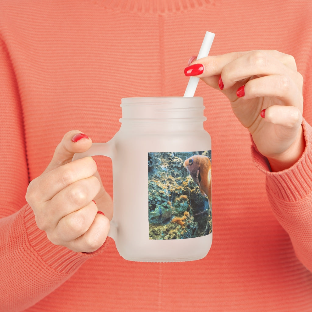 Orange Fish Mason Jar with straw and lid, made of frosted glass, perfect for personalized drinks.