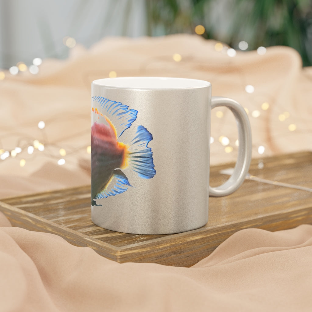 Orange Fish Metallic Mug with Gold and Silver finishes, showcasing a customizable design on a ceramic body.