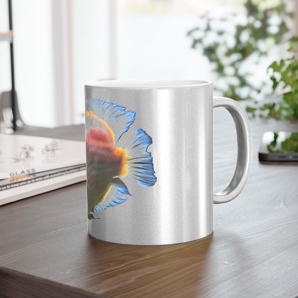 Orange Fish Metallic Mug with Gold and Silver finishes, showcasing a customizable design on a ceramic body.