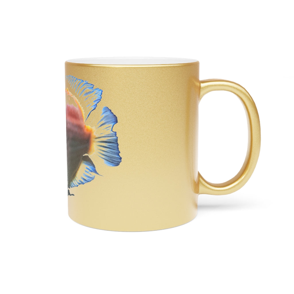 Orange Fish Metallic Mug with Gold and Silver finishes, showcasing a customizable design on a ceramic body.